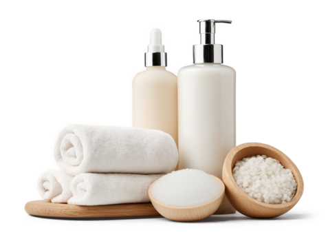 Collection of spa supplies including cream bottles, fluffy towels, and bowl of salt on wooden tray arranged neatly