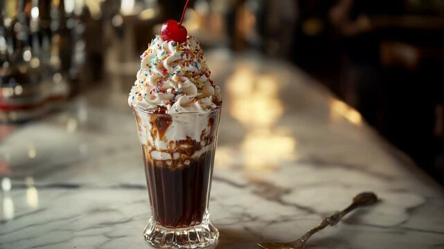 Old fashion root bear float. topped with whipped cream, sprinkles, and a cherry, served in a vintage soda fountain glass. Video made using Generative AI
