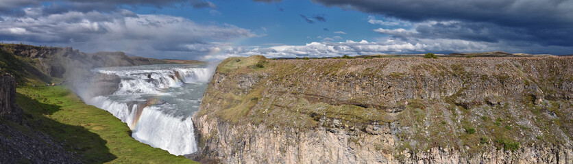 Gullfoss Falls, Golden Falls waterfall rainbow on the HvÃ­tÃ¡ river, tourist attraction Golden Circle Route in Southwest Iceland, Scandinavia, Europe.
