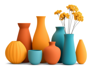Colorful ceramic vases and bright flowers arranged in a modern display with an emphasis on vibrant hues