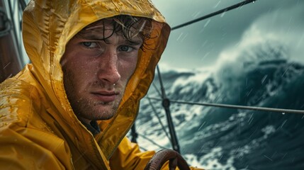 stormy sea, sailor, portrait, rain, emotional expression, ocean waves, yellow raincoat A young man gazes intensely into the distance, surrounded by turbulent waters and heavy rainfall