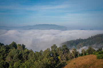 tourist come to see very beautiful fog lake in the morning on the mountain village mae taeng chiangmai thailand