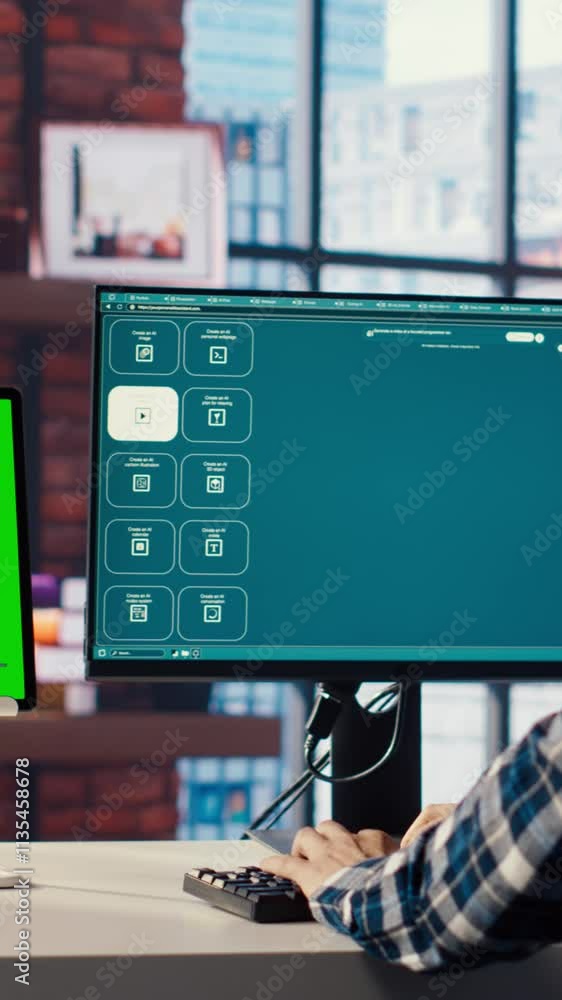 Fototapete man looking at tutorial on green screen tablet to learn how to use text to video generative models. 