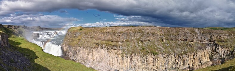 Gullfoss Falls, Golden Falls waterfall rainbow on the HvÃ­tÃ¡ river, tourist attraction Golden Circle Route in Southwest Iceland, Scandinavia, Europe.
