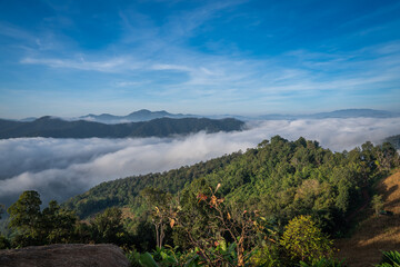 Fototapeta premium tourist come to see very beautiful fog lake in the morning on the mountain village mae taeng chiangmai thailand