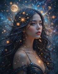 A woman portrait against a background of sparkling lights full of stars and planet