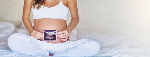 Ultrasound, banner and stomach of pregnant woman in bedroom for scan, wellness and growth. Mockup space, baby development and pregnancy picture with closeup of person at home for sonogram photography