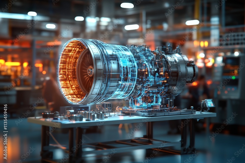 Poster 3d rendering of an aircraft engine service with holograms and high tech industrial elements