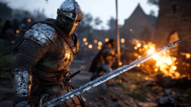 Epic fantasy warrior in detailed armor amidst battle flames