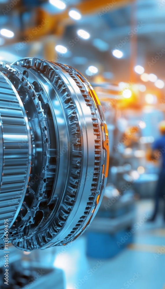 Poster close up 3d render of aircraft engine on production line in industrial setting with workers