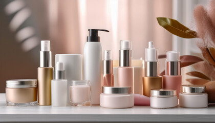 Close-Up of Cosmetic Products Displayed on a Vanity Table