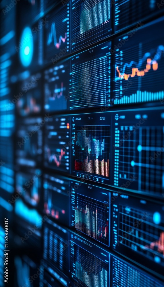 Poster close up of digital displays showcasing financial data and graphs in ai driven business management