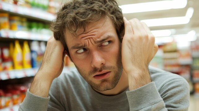 Frustrated customer in supermarket expressing confusion and discontent with poor service