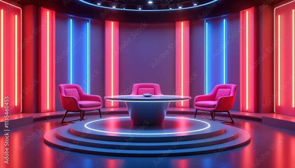 Poster Empty talk show set ready for discussion. Vibrant neon lights highlight stylish pink chairs around modern table in lively studio. Inviting ambiance for show presentation. Ideal for hosting engaging