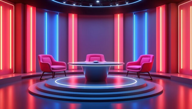 Empty talk show set ready for discussion. Vibrant neon lights highlight stylish pink chairs around modern table in lively studio. Inviting ambiance for show presentation. Ideal for hosting engaging