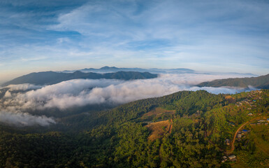 panorama view from drone show beautiful landscape lake of fog sunrise sunset twilight view mae taeng Chiangmai Thailand 