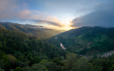 panorama view from drone show beautiful landscape lake of fog sunrise sunset twilight view mae taeng Chiangmai Thailand 