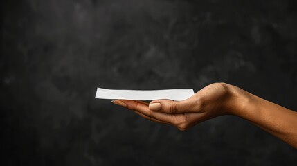 Naklejka premium A hand extends to present a blank sheet of paper against a dark background.