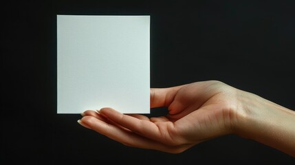 A hand holds a blank white card against a dark background, suggesting space for ideas or messages.