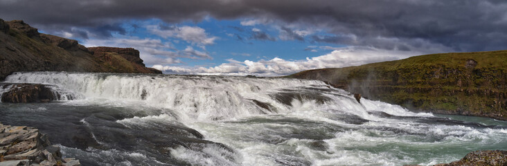 Gullfoss Falls, Golden Falls waterfall rainbow on the HvÃ­tÃ¡ river, tourist attraction Golden Circle Route in Southwest Iceland, Scandinavia, Europe.
