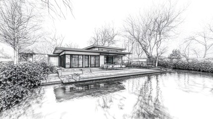 Architectural Sketch: Modern House by the Water