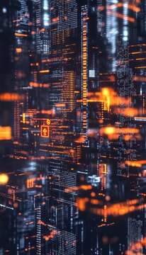 Futuristic digital background with code and cybersecurity elements framed by an orange logo