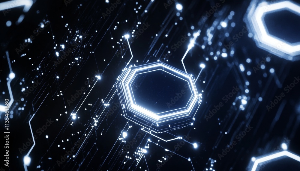 Wall mural Futuristic technology background featuring glowing hexagons and circuit lines on dark blue canvas