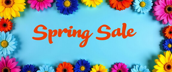 Colorful flowers frame Spring Sale text on blue background