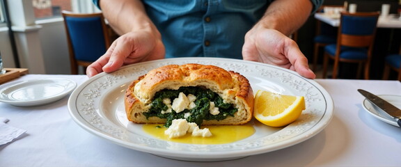 Hands holding plate with spinach pastry and lemon