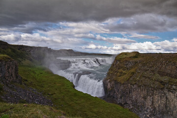 Gullfoss Falls, Golden Falls waterfall rainbow on the HvÃ­tÃ¡ river, tourist attraction Golden Circle Route in Southwest Iceland, Scandinavia, Europe.
