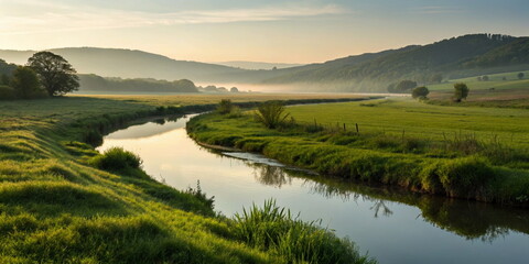 Misty river meandering through green valley at sunrise