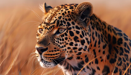 Obraz premium Leopard in Grassland: Close-up Profile View