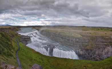 Gullfoss Falls, Golden Falls waterfall rainbow on the HvÃ­tÃ¡ river, tourist attraction Golden Circle Route in Southwest Iceland, Scandinavia, Europe.
