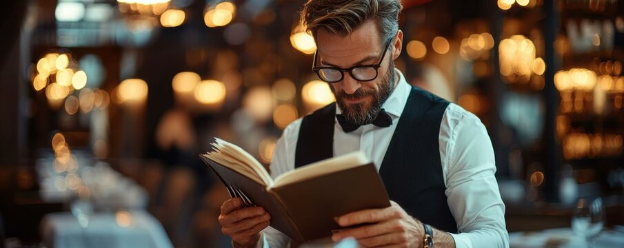 Foodie reading restaurant menu in elegant dining space full body view