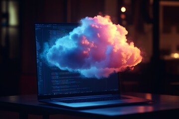 A whimsical cloud of endless possibilities hovering over a laptop in modern data storage technology