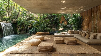 Tranquil Tropical Outdoor Patio: Bamboo Furniture, Lush Palms, and Flowing Water Feature