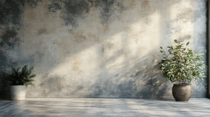 Serene Interior with Textured Wall and Potted Plants