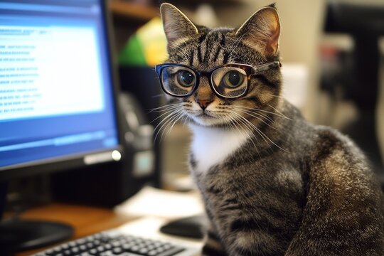 Gray and white tabby cat with glasses working as an seo specialist at an office desk