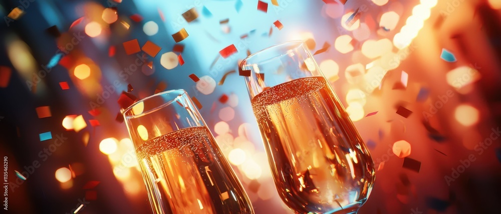 Poster Celebration Toast with Sparkling Drinks under Colorful Confetti and Bokeh Background
