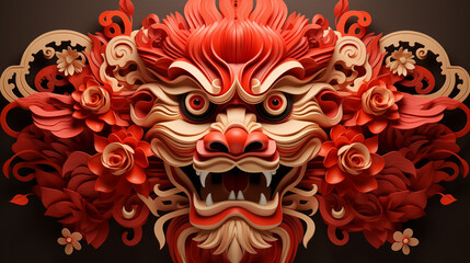 Chinese New Year Greeting Card with Layered Paper Cut Dragon Head Design