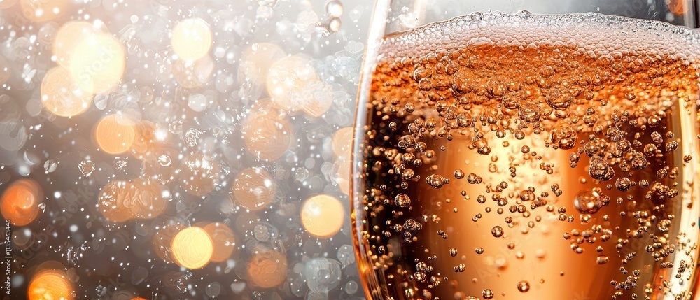 Poster sparkling bubbly champagne in glass with soft focus background of bright light bokeh and effervescen