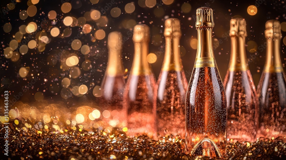Poster elegant champagne bottles surrounded by golden sparkles and festive bokeh background