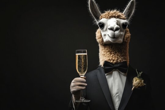 Funny alpaca in suit cheers with champagne on birthday celebration greeting card design