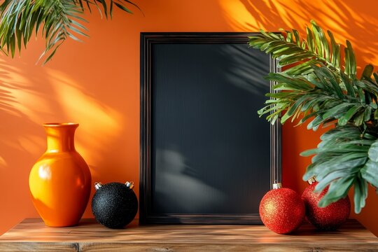 Black and orange airball holiday decor on orange wall with blank signboard mockup space