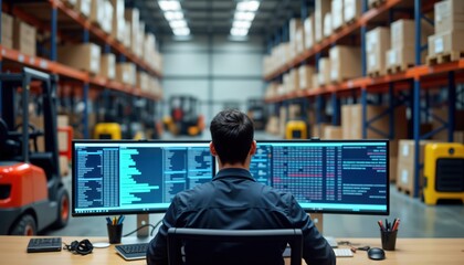 Logistics manager focuses on multiple computer screens in busy warehouse. Warehouse activity high with many staff, equipment. Manager monitors operations, likely overseeing inventory, shipping,