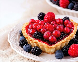 A heart-shaped berry tart topped with an assortment of fresh raspberries, blackberries, and blueberries on a delicate white plate.