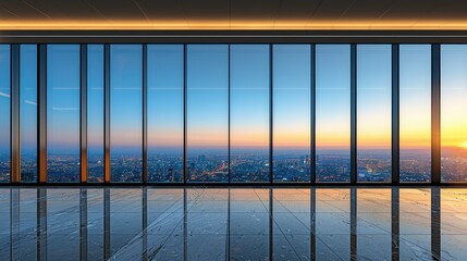 Fototapeta premium A modern office space with large windows showcasing a city skyline at sunset.
