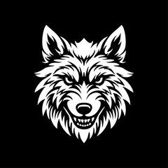 Wolf head logo design emblem vector illustration template. Simple icon of ferocious animal. Hand draw black and white