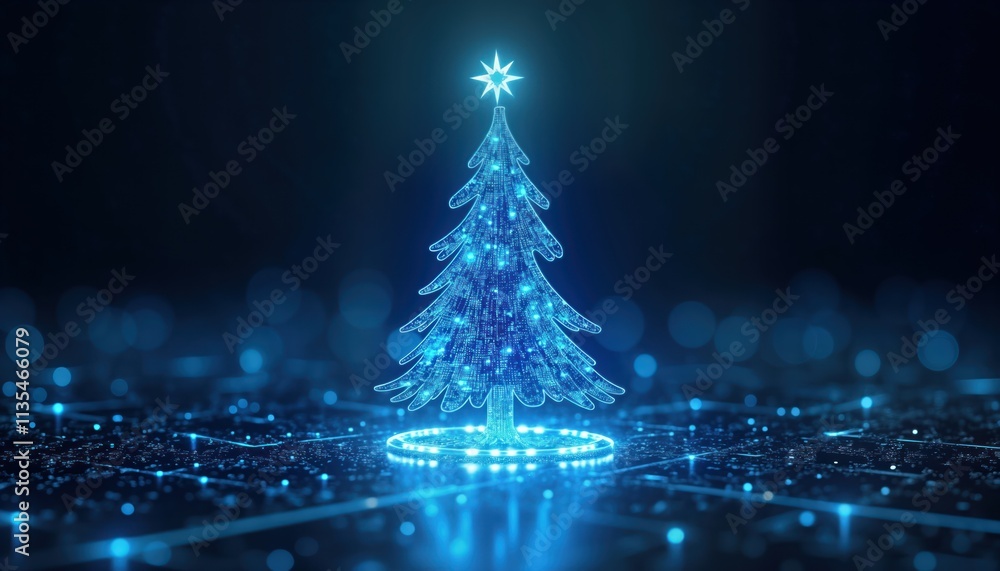 Poster abstract glowing blue digital christmas tree. tech festive decor. luminous tree built from electroni