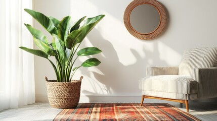 Sunlit room interior with armchair, plant, and rug.